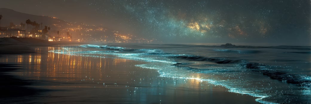 Bioluminescent waves illuminate a tranquil beach at night in a coastal town under a starry sky photo