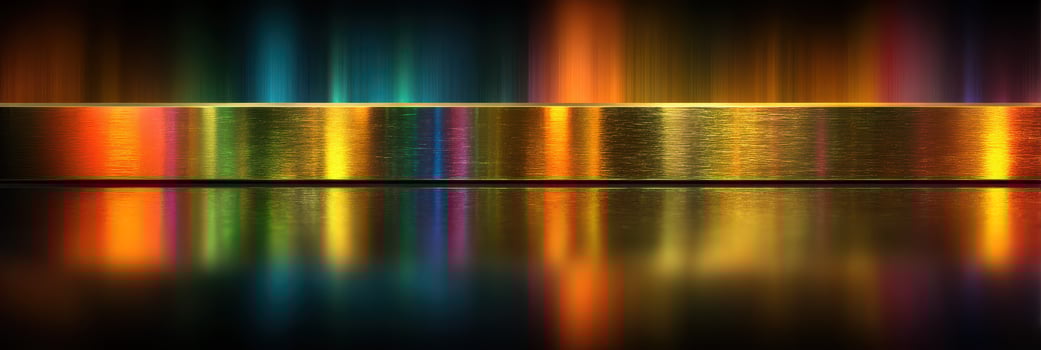 Colorful reflections on a metallic surface creating a vibrant visual display in a dimly lit environment photo