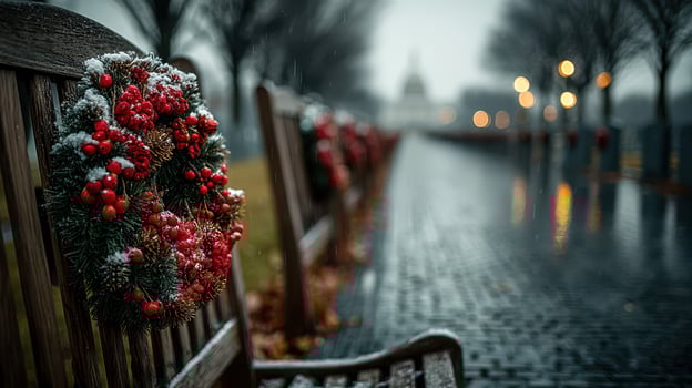 Festive wreaths adorn benches on a rainy winter day in a city park filled with holiday spirit and soft glowing lights photo