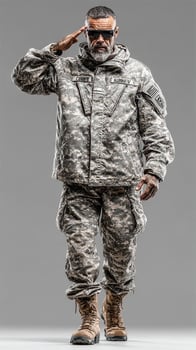 Soldier in military uniform saluting with confidence in a neutral gray background setting photo