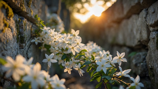 Blooming White Flowers Climbing Stone Wall with Warm Sunset Glow photo