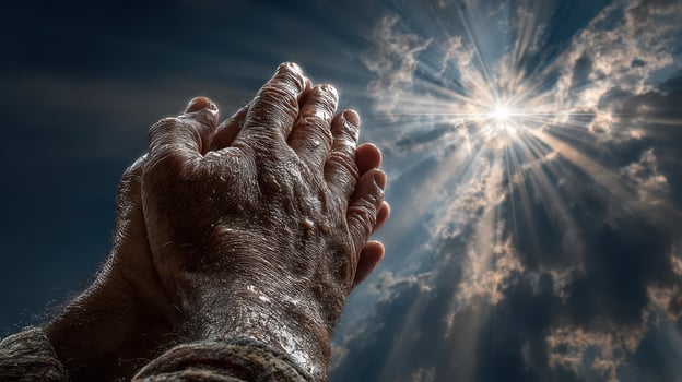 Captivating moment of prayer under radiant sunlight with hands clasped in hope and gratitude photo