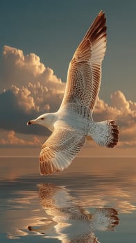 Seagull soaring above calm waters at sunset with dramatic clouds in the background photo