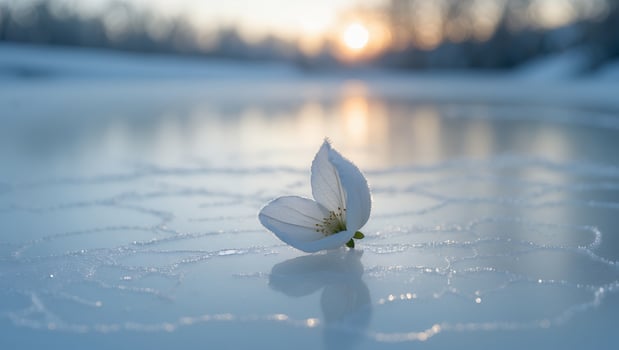 White Flower Resting on Frosty Ice at Sunrise Creates Serene Winter photo