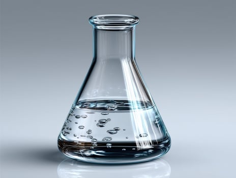 Glass flask with liquid and bubbles on gray background photo