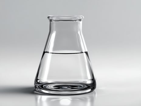 Clear glass laboratory flask with liquid on white background. photo