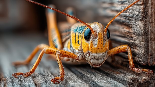 Close-up of a vibrant grasshopper perched on a wooden surface in natural light during a sunny afternoon photo