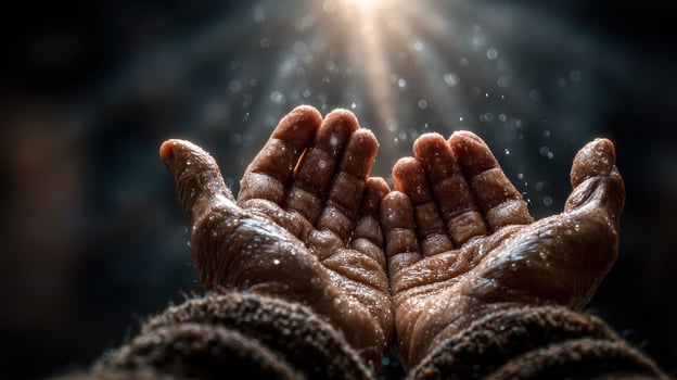 Hands reaching towards light with droplets reflecting a moment of hope and serenity in a dark setting photo