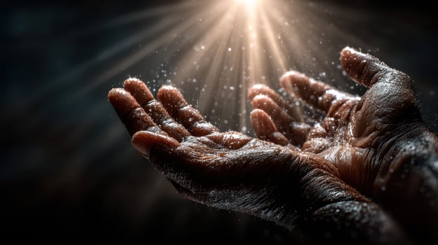Hands reaching toward light with water droplets in a dark environment, symbolizing hope and renewal photo
