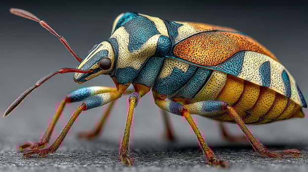 Colorful insect perched on a surface displaying intricate patterns and textures in a close-up view photo