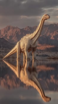 Majestic dinosaur stands reflectively by a tranquil lake surrounded by mountains at sunset photo