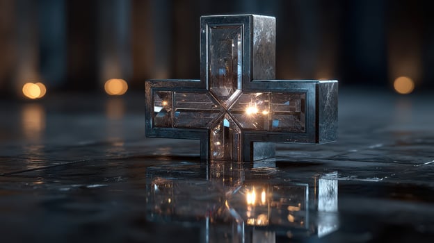 Intricately designed metal cross illuminated by soft lights in a darkened room, showcasing reflections and details photo