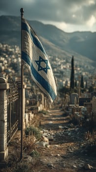 Flag stands tall in a cemetery surrounded by gravestones and mountains during sunset in a serene and reflective atmosphere photo
