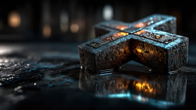 Metal cross symbol illuminated by soft light reflections in a darkened environment photo