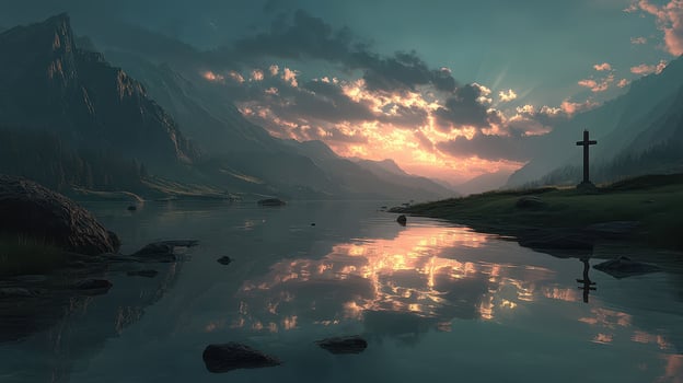 Serene sunset over a tranquil lake with reflections and mountain backdrop photo