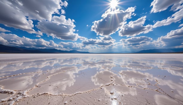 a dry salt flat stretching endlessly under a sky of mirrored clouds and blazing light. photo
