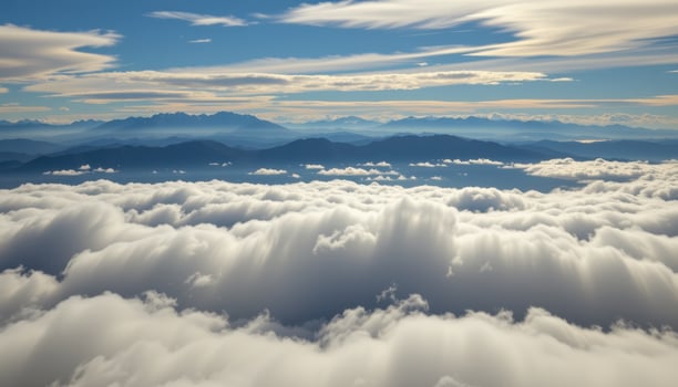 a thick blanket of clouds rolling over mountaintops, leaving only the highest peaks exposed to sunlight. photo