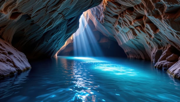 a flooded cave where blue light filters in from above, illuminating smooth, submerged rock. photo