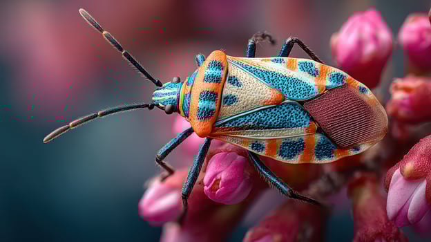 Colorful insect perched on vibrant pink flowers in a natural setting during daylight hours photo