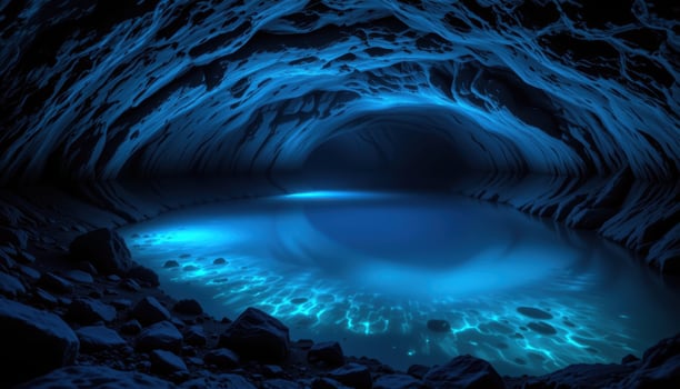 a deep cave lake glowing blue from bioluminescent minerals embedded in its walls. photo