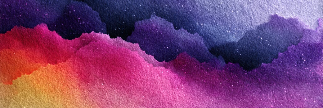 Vibrant watercolor painting showcasing a stunning sunset over a mountain range with purple and pink hues photo