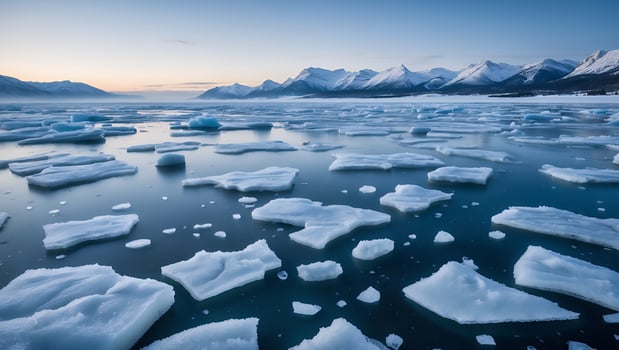 Floating Ice and Snowy Mountains on Water at Sunrise photo