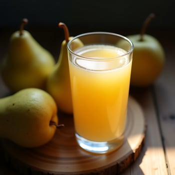 Pear Juice in Glass with Ripe Fruits on Wooden Board photo