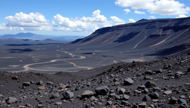 a rugged volcanic plateau with black lava fields stretching under a cloudless sky. photo