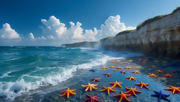 Starfish Washed Ashore on Coastal Beach with Cliffs and Waves photo