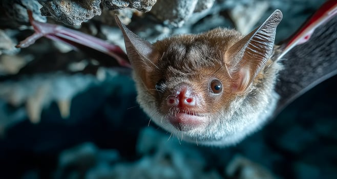 Close encounter with a bat in a cave. A bat hangs upside down in a cave, showcasing its unique features and fur texture in the dim light of its habitat. photo