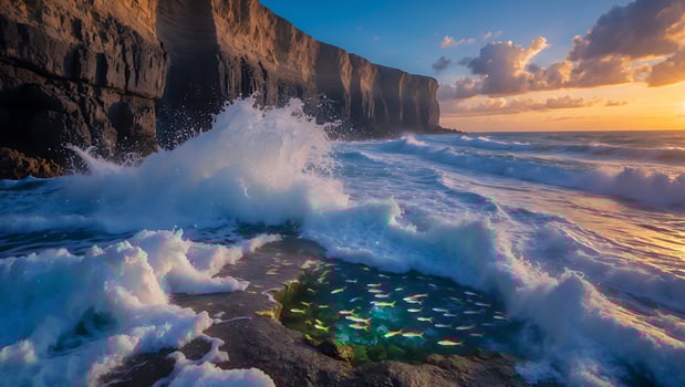 Ocean Waves Crashing on Rocky Shoreline with Fish Pool at Sunset photo