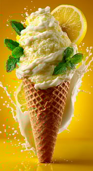 Lemon mint ice cream cone. A lemon ice cream cone splashes milk, adorned with mint and lemon slices, on a bright yellow background. photo