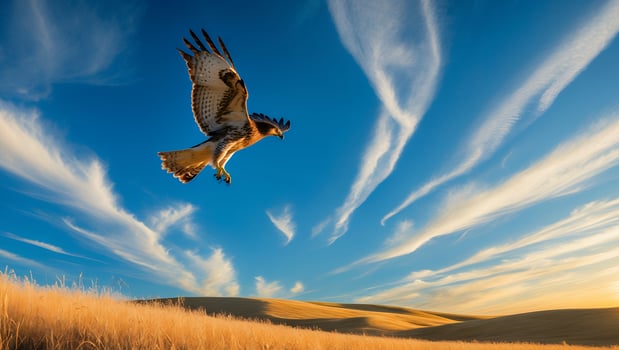 Hawk Soaring Above Golden Field Against a Bright Blue Sky photo