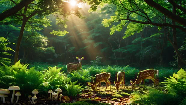 Deer Grazing in Forest Meadow with Sunlight Streaming Through Trees photo