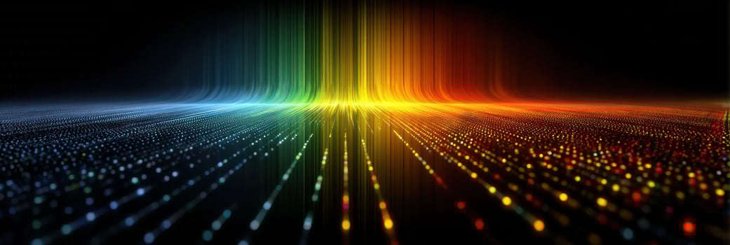 Vibrant spectrum of colored light beams illuminating a dark space with reflective dots photo