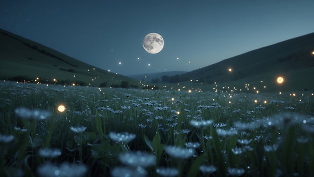 Field of Flowers Glowing Under Moonlight on a Quiet Night photo