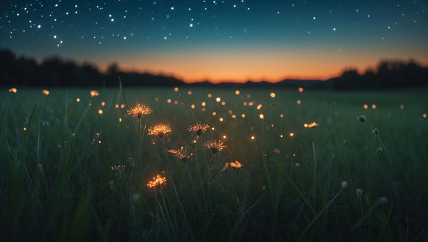 Glowing Wildflowers in Meadow at Dusk Under Starry Night Sky photo