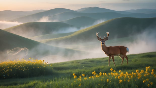 Deer Standing on Grassy Hill with Flowers and Misty Background photo