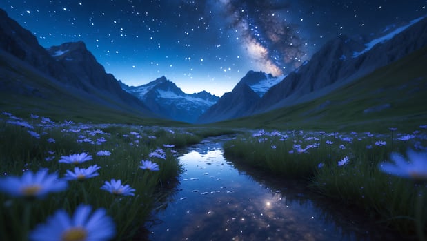 Night Landscape with Mountain Stream, Flowers, and Milky Way View photo