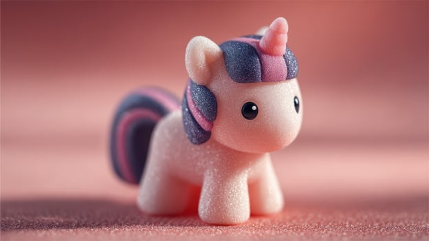 Cute pink unicorn toy with colorful mane and horn placed on a soft background photo