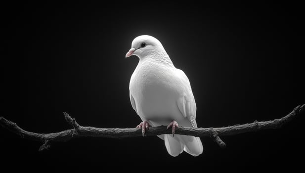 Dove on a branch in daylight. A white dove perches on a bare branch, embodying grace and tranquility in soft daylight. photo