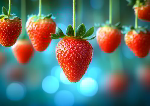 Vibrant light on fresh strawberries. Ripe strawberries hang in the light, their vivid red color and fresh green leaves creating a lively scene. photo