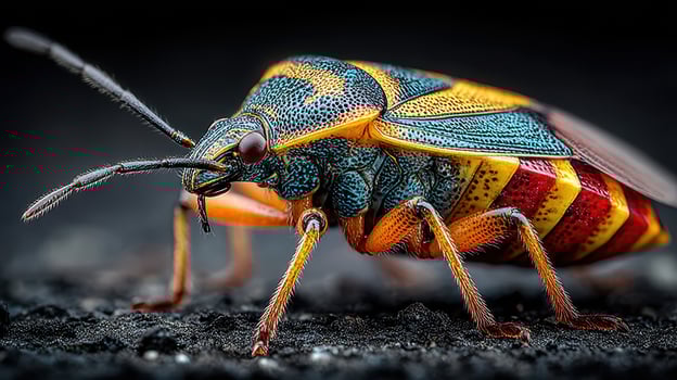 Colorful insect with intricate patterns captured in nature on a dark surface during daylight hours photo