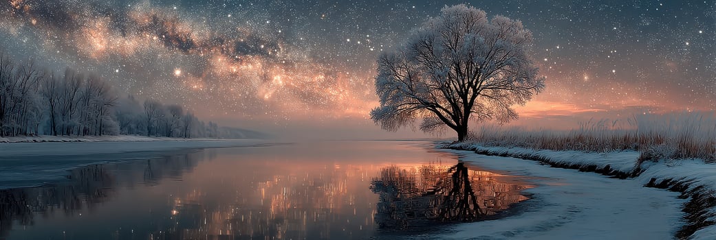 Stunning winter landscape with a river, snowy trees, and a starry sky during twilight photo