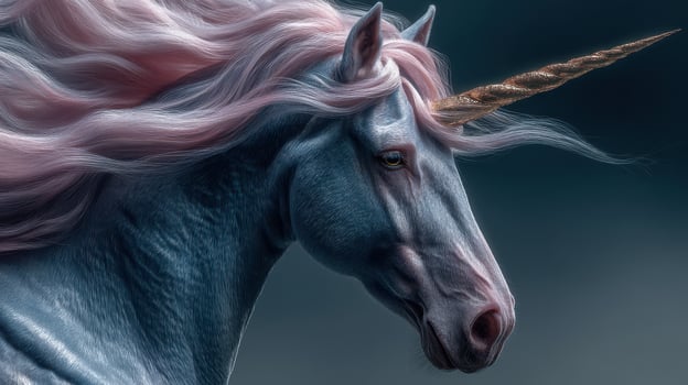 Fantasy unicorn with flowing mane stands majestically against a dark background during twilight hours photo