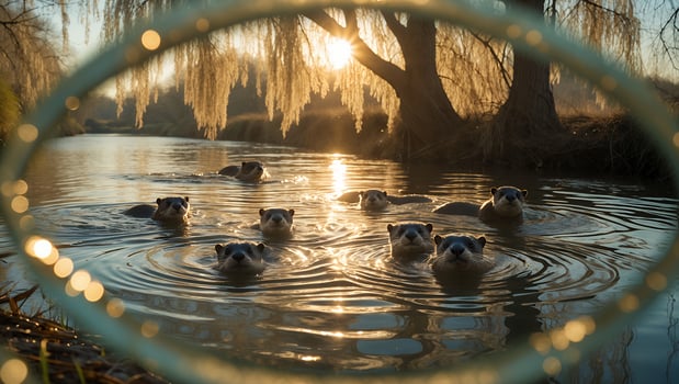 Otters Swimming in River at Golden Hour with Bokeh Frame photo