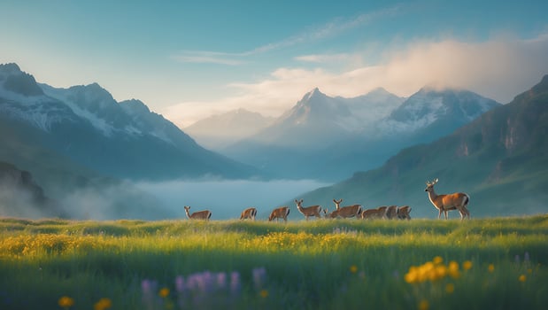 Deer Grazing in Mountain Meadow with Mist and Distant Peaks photo