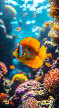 Colorful fish in coral reef. Bright orange fish glides gracefully through a lively coral reef bursting with color and marine life. photo