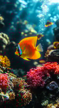 Colorful fish in coral reef. A vibrant orange fish glides between colorful corals in a lively underwater environment with bubbles rising. photo