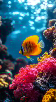 Colorful fish swimming near coral reef. A bright orange fish glides through vibrant coral, illuminating the blue waters of a tropical reef. photo